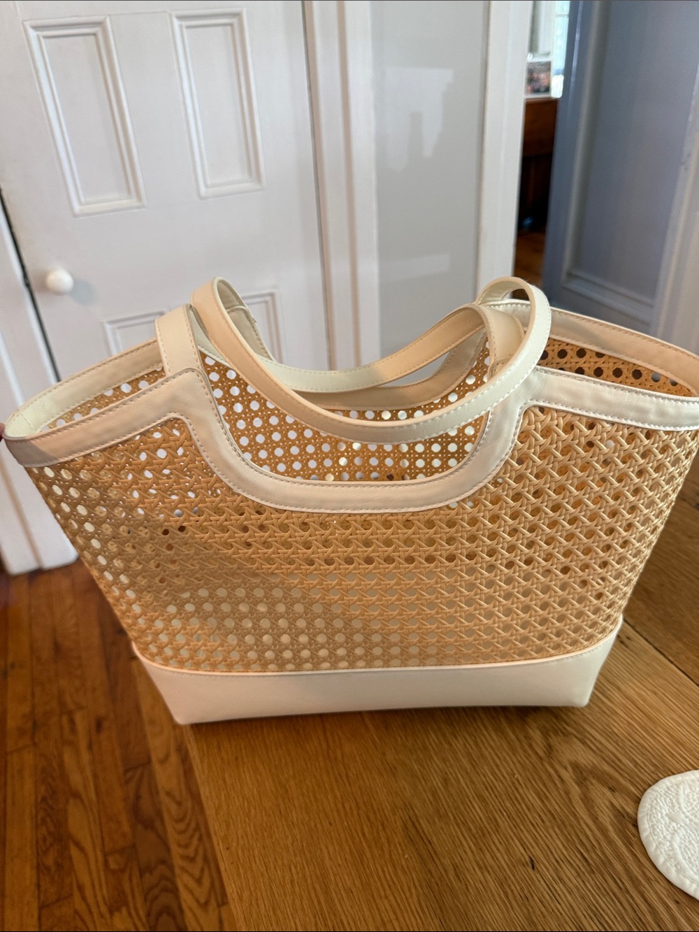 Woven Raffia Tote Bag in Natural and Cream